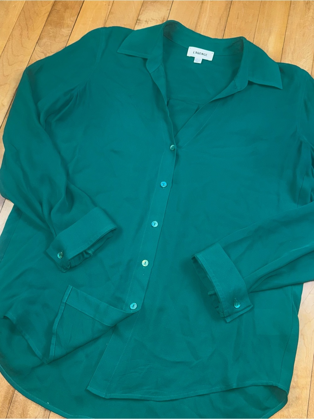 L’AGENCE XXS Emerald Green 100% Silk Button Down Blouse Luxury Shirt